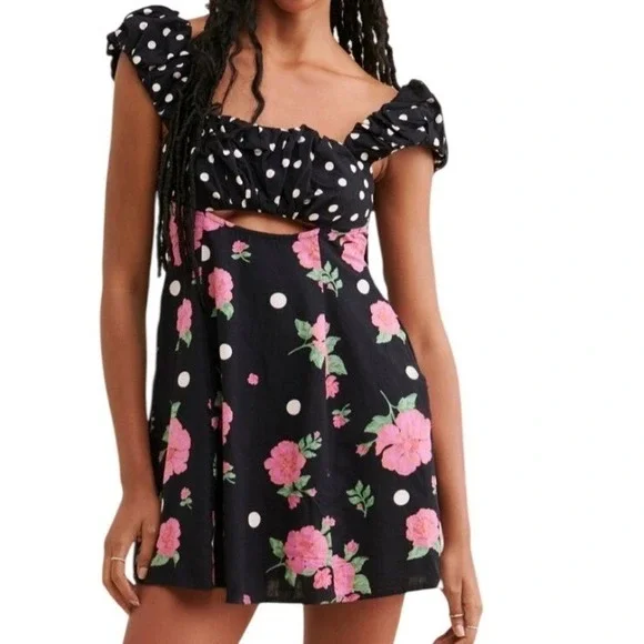 Free People Floral Polka Dot Mini Dress Black Pink Cutout Smocked Back OB1345422