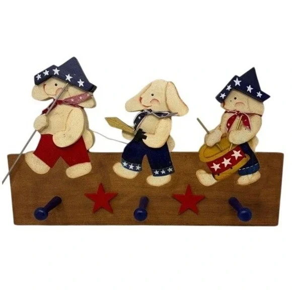 Handcrafted Folk Art Wood Peg Rack Red White Blue Patriotic Americana Bunnies