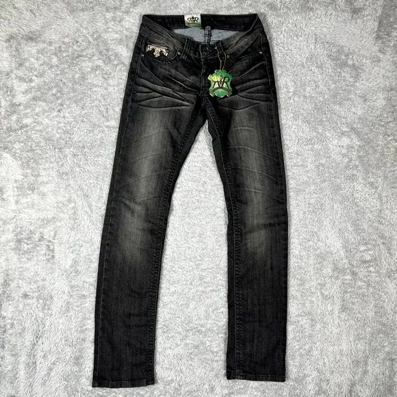 Request Jeans Womens 1X25 Black Denim Cotton Stretch Rhinestone Straight Leg