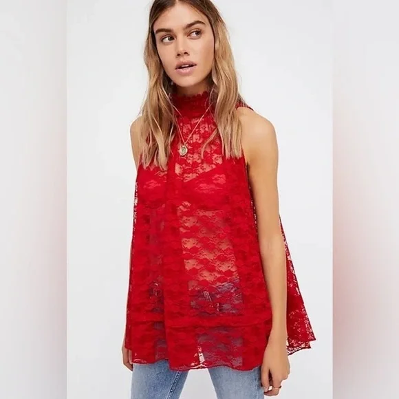 Free People Myrna Red Lace High Neck Swing Top NWT Size XS