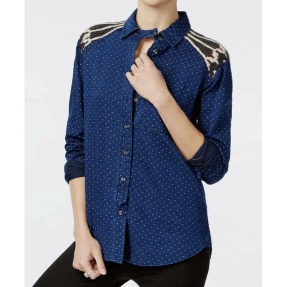 Free People Blue‎ Polka Dot Western Button Down Festival Long Sleeve Flannel Top