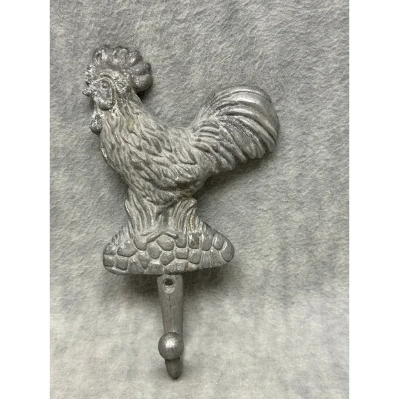 VTG Unbranded‎ Vintage Rooster Wall Hook Home Decor Silver Cast Metal Farmhouse