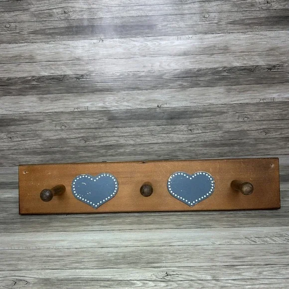 Vintage‎ Wood Blue Heart Peg Wall Hanging Country Cottage Decor Rack