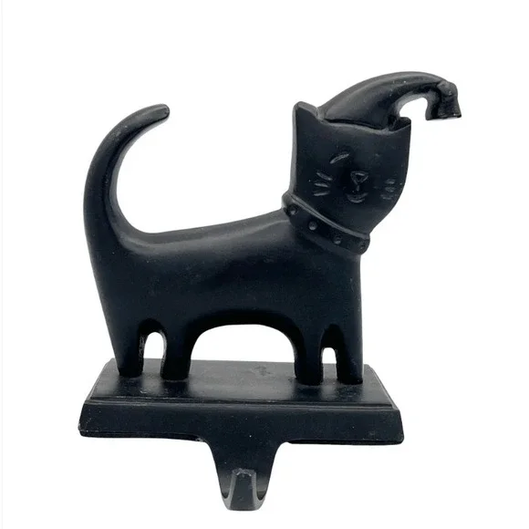 Black Cat Stocking Holder Santa Hat Cast Metal Mantel‎ Hook Christmas Vintage
