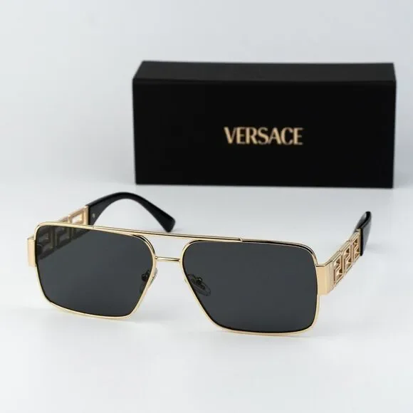 Versace Men Sunglasses Gold Grey Rectangle VE2290 100287 NEW AUTHENTIC