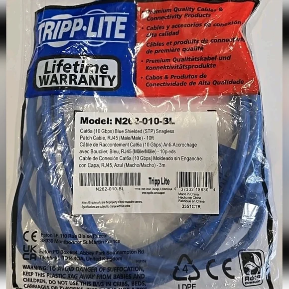 New Tripp Lite Model N262-010-BL Cat6a 10 Gbps Blue Shielded Patch Cable RJ45