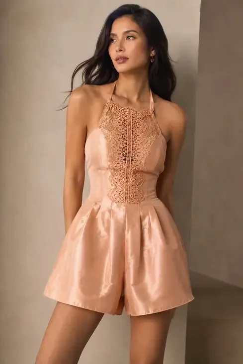 FREE PEOPLE $250 Heart to Heart Crochet Lace Trim Dress Romper Petal Pink Size 2