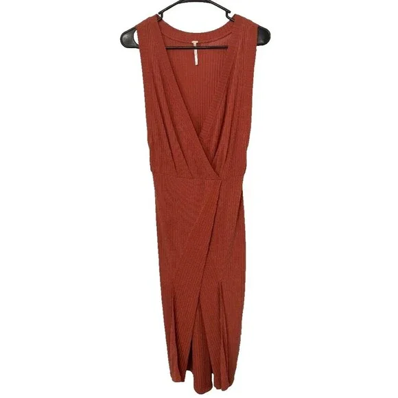 Free People Women’s Burnt Orange Boho Maxi Tank Dress Faux‎ Wrap Size S/P