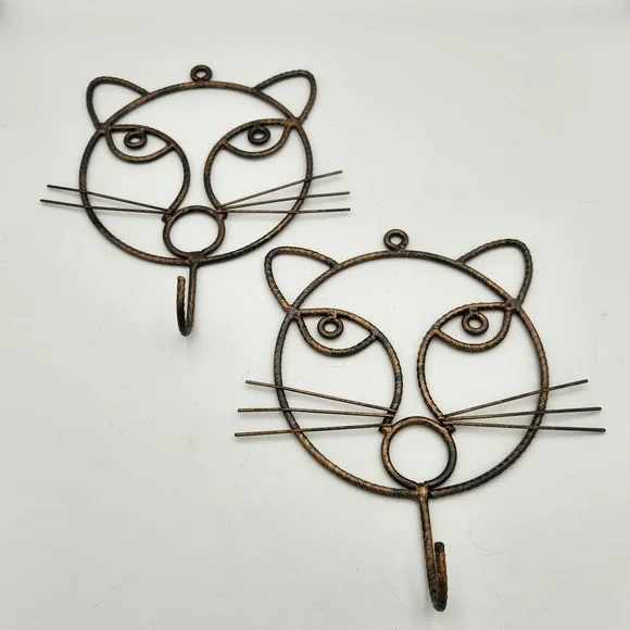 2pc Metal Iron Cat Kitty Kitten Face Outline Hooks Hanger Hanging Wall Decor