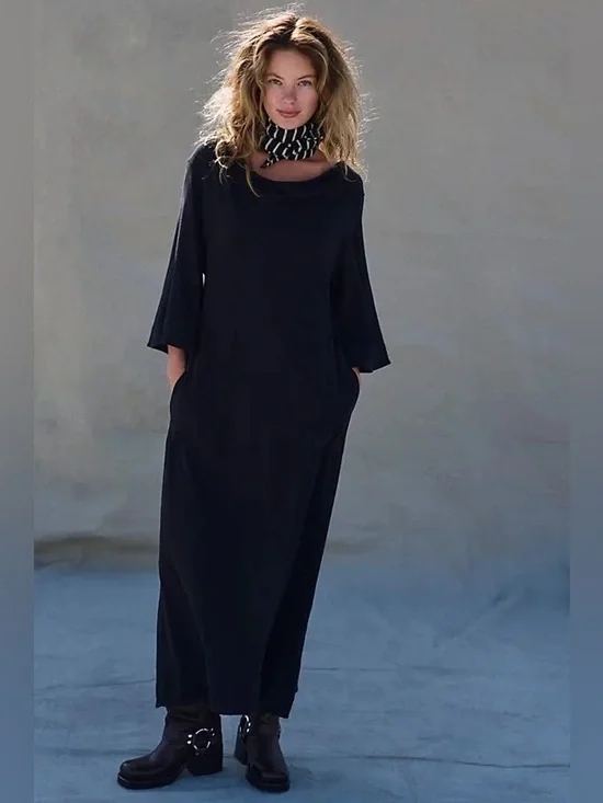 Free People Medina Shapeless A-Line Hem Wide Scoop Neck Black Midi Dress NWT S