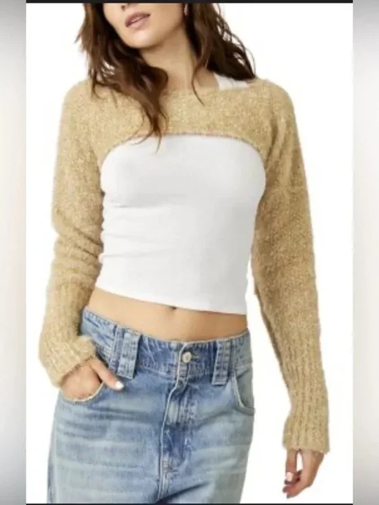 Free People Shimmer Stretch Knit Sweater Bolero in Golden Combo Size Large NWT