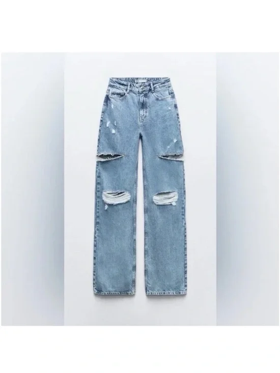 NWT Zara y2k Grunge Festival Mid Waist Ripped Cut Out Straight Jeans Blogger FAV