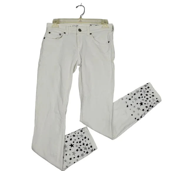 Vineyard Vines White Straight Leg Jeans w/ Blue & Silver Stars Embroidered Sz 00