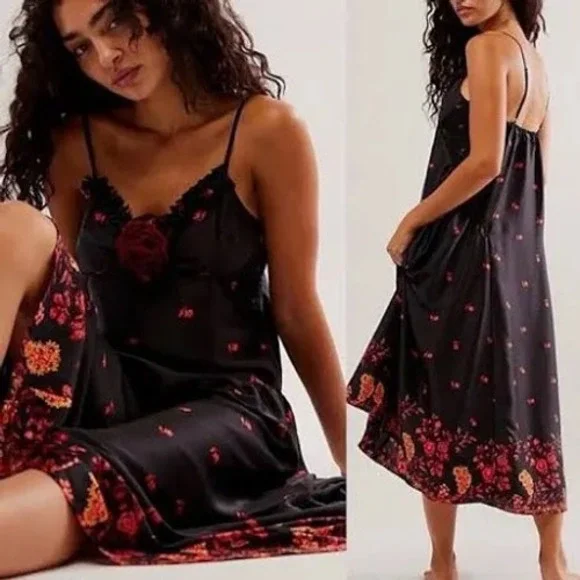 Free People On My Own Floral Satin Nightgown Black Red Midi Slip Dress Small