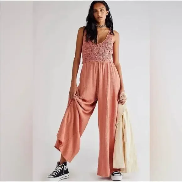 NWT Free People Soleil Wide Leg Jumpsuit Women's Peach Size Medium