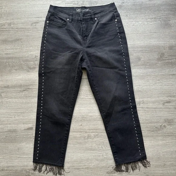 DG2 Diane Gilman Embelish Side Stripe Fringe-Hem cropped Jean Black Sz 6P