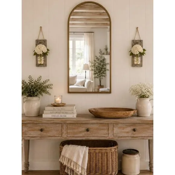 Gray Wood Wall Hooks Hanging Mason Jars Lights And Flowers Decor Cottagecore