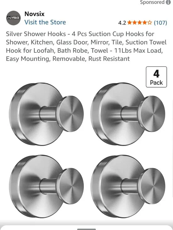 Silver Suction Cup Wall Hooks - 4 Pack
