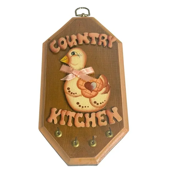 Vintage Country Kitchen Wood Wall Plaque Duck Brass Key Hook Sign Gloria Dixon‎