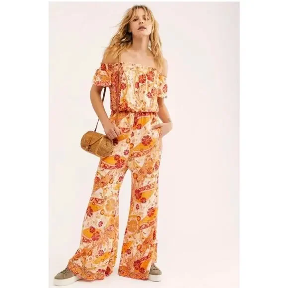 Free People Carmen Off The Shoulder Jumpsuit Golden Gate Orange XS