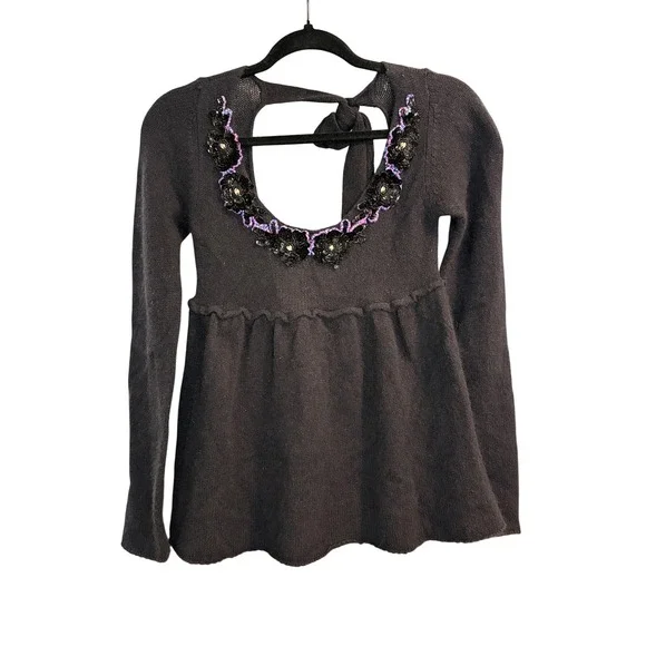 Free People Black Sequin Floral Open Back Wool Angora Sweater Women‎ XS Tunic