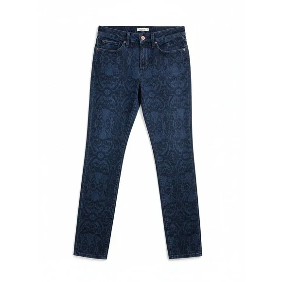 Eileen Fisher Indigo Damask Print Skinny Jeans, Blue Slim Fit Denim Women's Sz 4