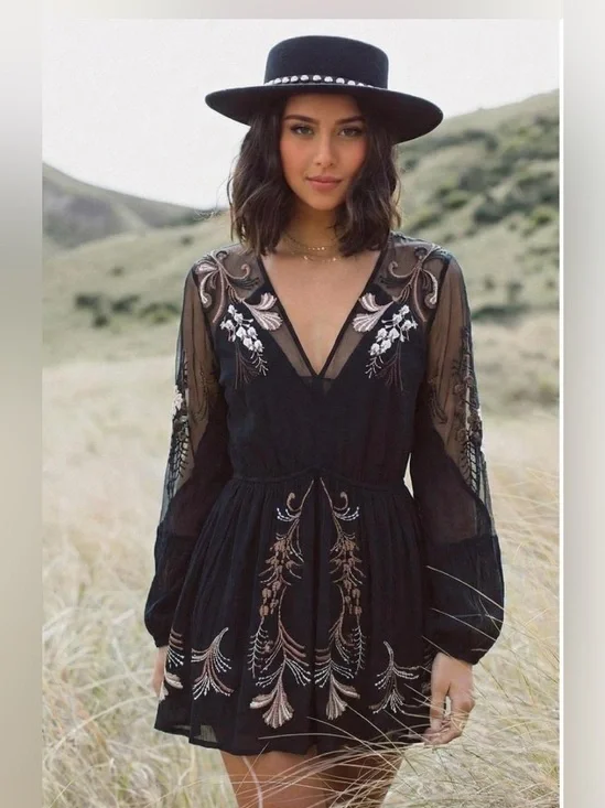 Free People Black Embroidered V-Neck Long-Sleeve Dress