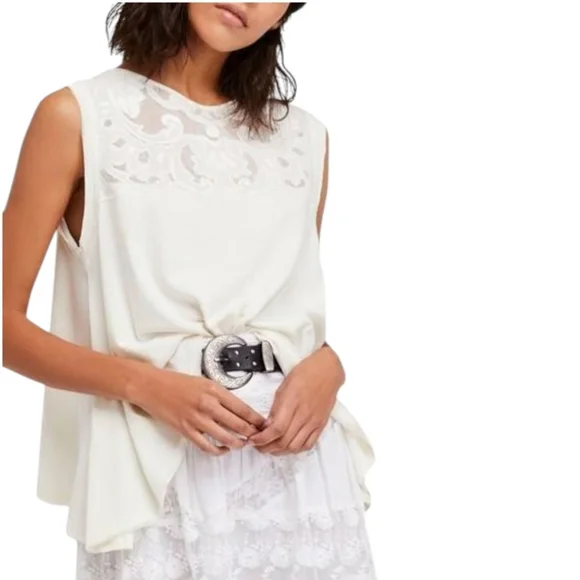 FREE PEOPLE Swing Top Ivory Knit Lace Linen Blend Layering Tank Boho Large 10