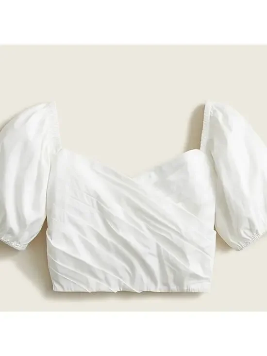 J. Crew White Draped Blouse Cropped Puff Sleeve Organic Cotton Top Sz L NWT
