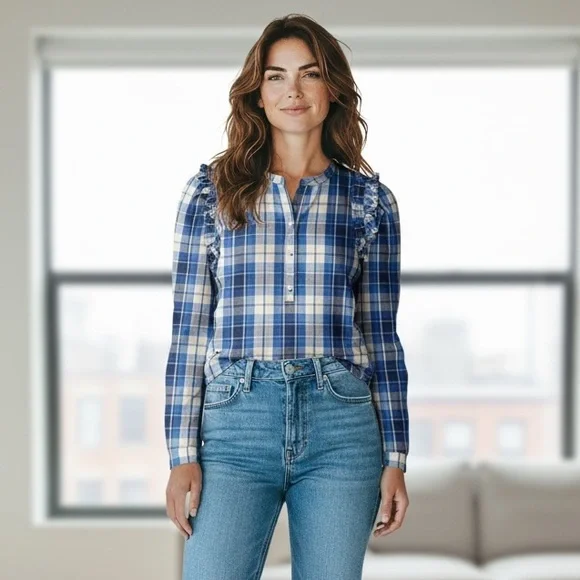 J.Crew Puff Sleeve Pop Over Plaid Blouse in‎ Valley Plaid Flannel, XXS