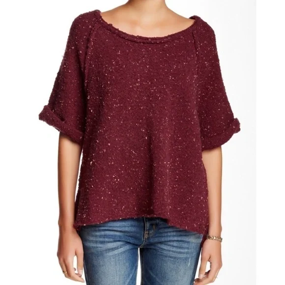 FREE PEOPLE Tweed Oversized Slouchy Berry Colored Short Sleeve Sweater Small