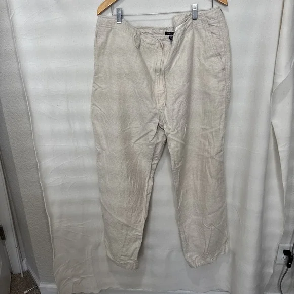 Nautica Size 42Wx32 L Beige Linen blend flat front Pants Drawstring Beach Preppy