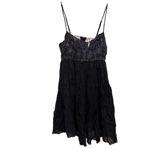 Free People Black Embroidered Beaded Gauze Mini Dress Boho Braided‎ Straps XS