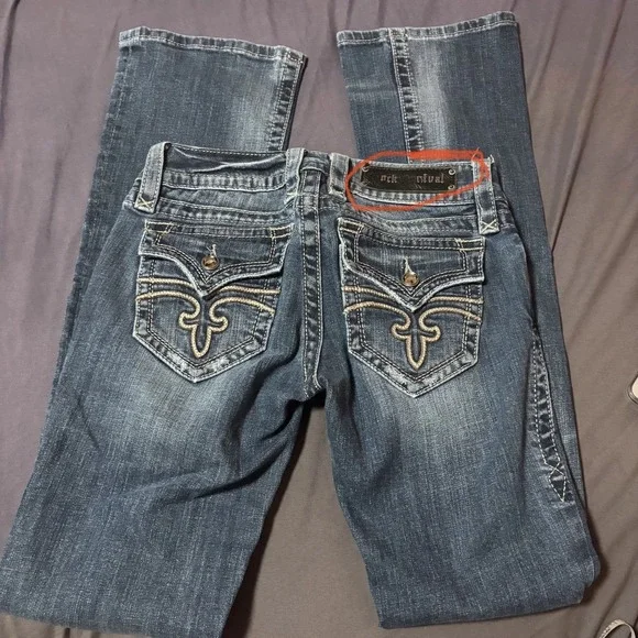 Y2K Rock Revival Celine Boot Cut Jeans Size 27 Distressed Flap Pocket Blue Denim
