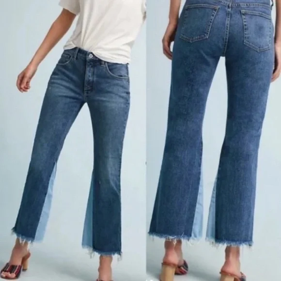 Anthropologie Pilcro and the Letterpress High Rise Two Tone Flare Crop Jeans 28