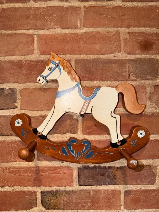 Hand-Painted Wooden Rocking Horse Wall Hook - Cream & Blue