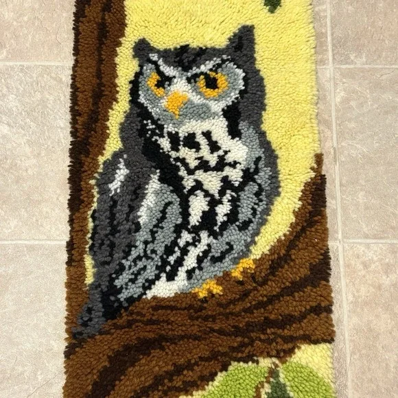 1970s Large Vintage Great Gray Owl Latch Hook Wall Hanging 16x48