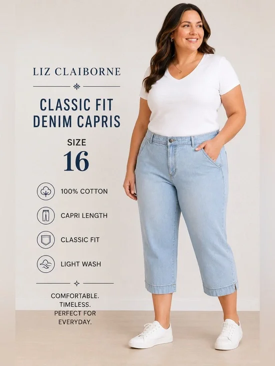 Liz Claiborne Classic Fit Light Wash Denim Capri Jeans Women’s 16 Cotton