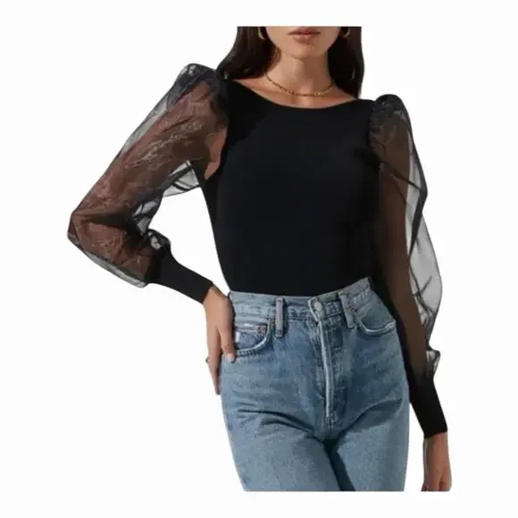 ASTR The Label Black Semi-Sheer Organza Sleeve Bodysuit NWT Size Large