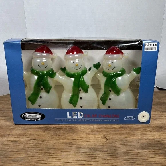 Blow Mold Snowman Pathway Lights Yard Stakes LED Color Changing 3 Snowmen NEW