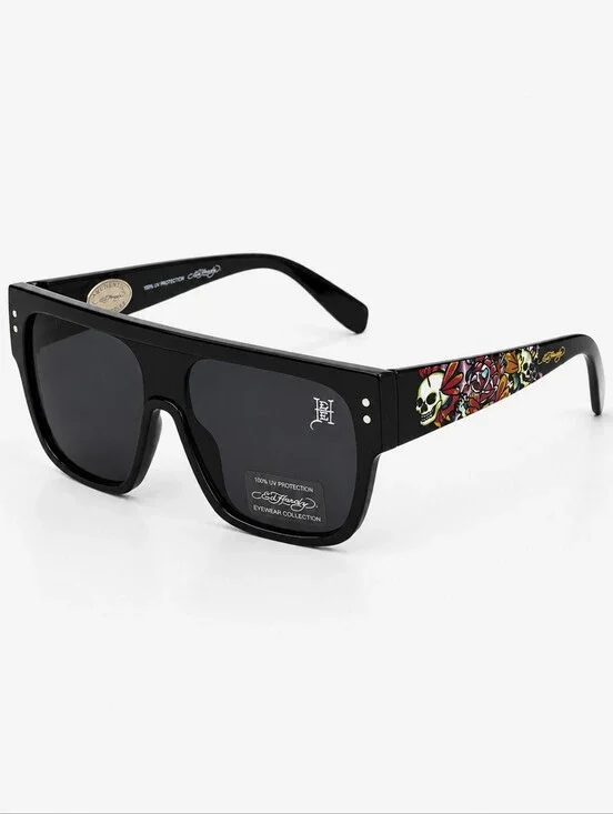 NEW Ed Hardy Flat Top Shield Sunglasses Black Skull Rose Tattoo