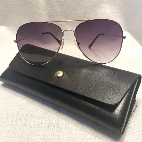 Aviator Sunglasses Gold Frame Purple Lenses for Men Women Case Included