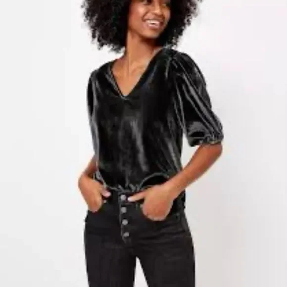 LOFT V-Neck Puff Sleeve Velvet Top Charcoal Gray S