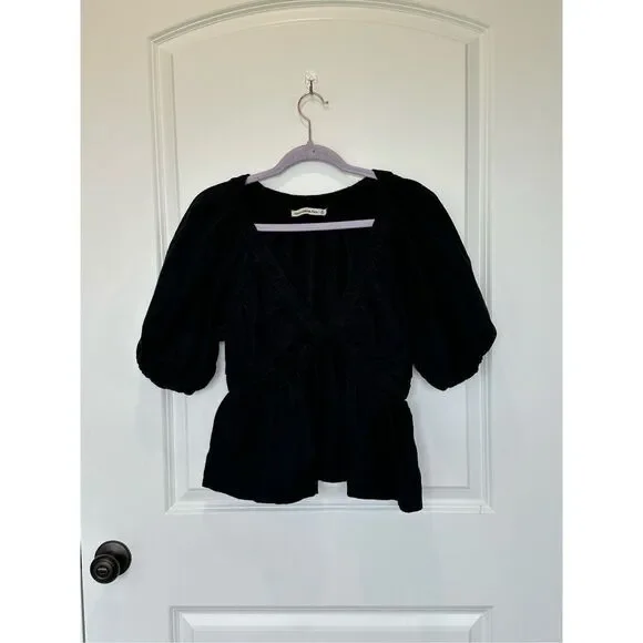 Abercrombie & Fitch Black V-Neck Puff Sleeve Top Linen Blend Size Medium