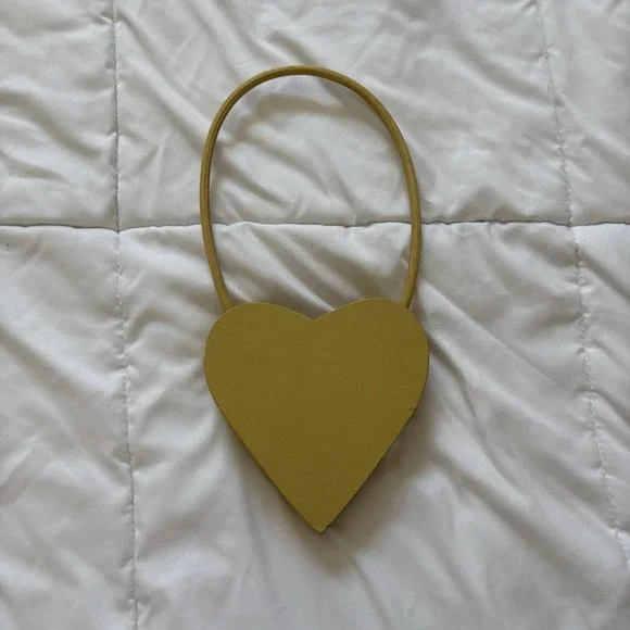 Vintage 80s 90s Wooden Hanging Heart Decoration Yellow Handmade United States