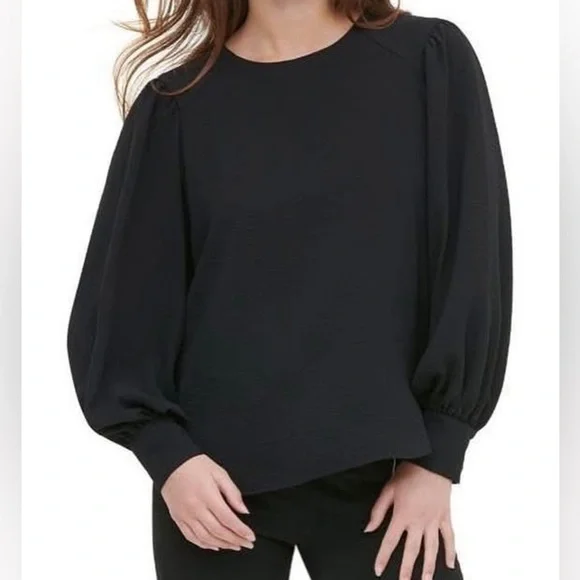 Madewell - Textured Button Puff Long Sleeve Black Crewneck Blouse Size Medium