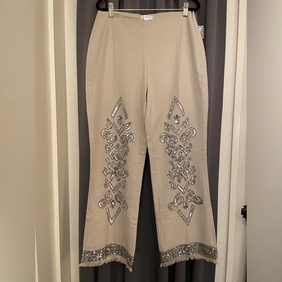 Venus Pants Beaded Linen Blend Bohemian Tan Size 8