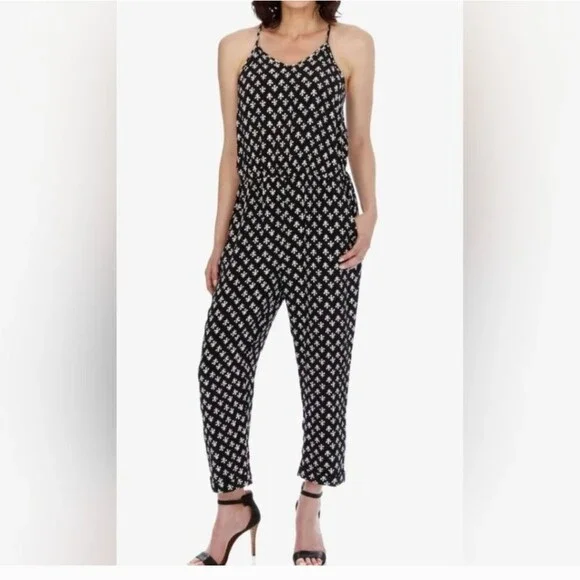 Lucky Brand Jumpsuit M Black Tan Ditzy Floral Pattern Pull On Pockets