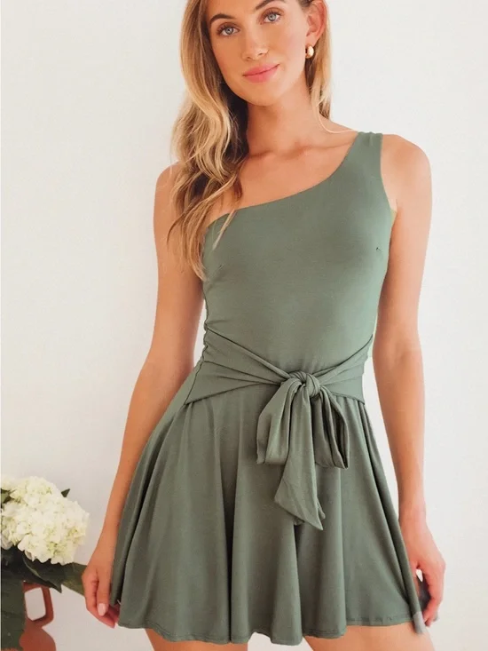 LULU’S SUNNY SOIRÉE DARK SAGE GREEN ONE-SHOULDER TIE-FRONT ROMPER