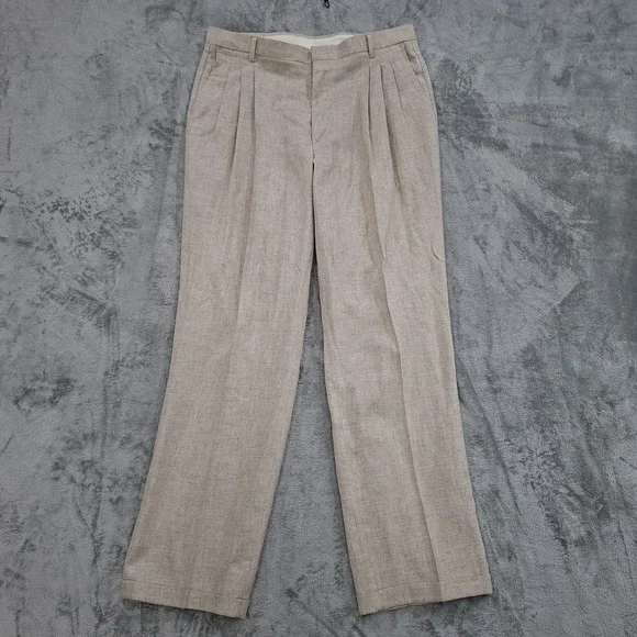 VTG Men's Beige Linen Blend Pants 36x32 Delave Pleated Cuffed Dress Straight Leg